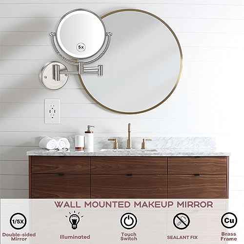Bathroom Magnifying Makeup Mirror Wall Mounted with Light, Hardwired 7W LED Lighted Vanity Mirror, 360 Swivel 17.7 Inch Brass Extension Arm, Touch Dimmable, Brushed Nickel