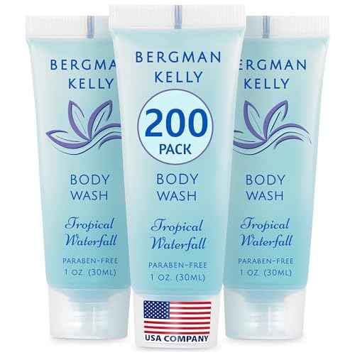 BERGMAN KELLY Travel Size Body Wash (1 fl oz, 200 PK, Tropical Waterfall), Delight Your Guests with an Invigorating and Refreshing Hotel Body Wash, Mini and Small Size Guest Hotel Toiletries in Bulk