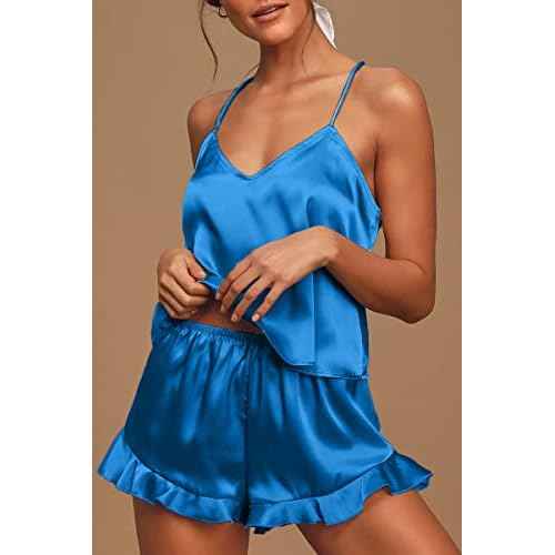CHYRII Women's Sexy Silk Satin Ruffled Pajamas Sets Cami Shorts Sets Sleepwear
