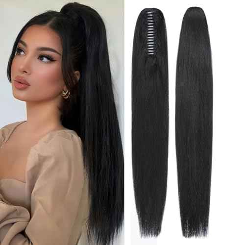 S-noilite Claw Clip Ponytail Extension Human Hair #1 Jet Black Real Remy Human Hair Ponytail Extension 16inch Long Straight Hair Pony Tails Hair Extensions For Women 105Grams