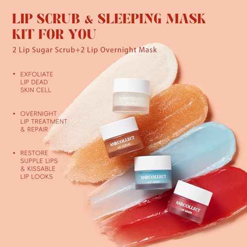 Lip Scrub and Lip Mask Set- Lip Treatment Care Kit with 2 Lip Exfoliator Scrub & 2 Lip Butter Mask, Intense Hydration Set for Dry Chapped Cracked Lips (4 Pack)