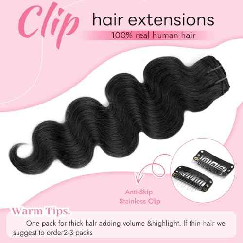 Clip in Hair Extensions Real Human Hair Body Wave 1B Natural Black Clip in 100% Brazilian Remy Human Hair Extensions 8pcs Per Set with 18 Clips Double Weft 20 Inch 105g/3.6oz