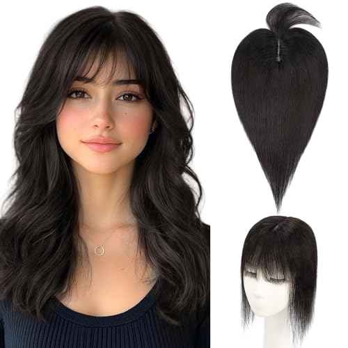 Hairro Human Hair Topper with Wispy Bangs, Clips on 360¡Æ 3D Cover Real Hairpieces Lightweight, 2.25"x6" Base for Women with High Hairline/Thinning Hair, 12 Inch Natural Black Bangs