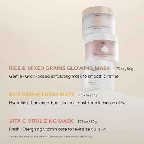 MIDHA RICE WASHOFF MASK DISCOVERY SET, 1.76oz x 3/50g, Dull Skin Care, Hydrating and Soothing, Pore Refining Treatment, Vitamin C face mask, Skincare for Travel, Mini Skincare Kit, 3-in-1 Set