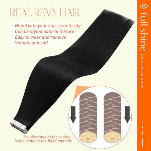 Full Shine Human Hair Tape in Extensions 24Inch Long Hair Extensions Color 1 Jet Black Invisible Tape in Hair Extensions Remy Hair 40Pcs Skin Weft Human Hair Extensions 100G Add Length