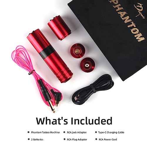 Dragoart Phantom Wireless Tattoo Machine, 2 * 1300mAh Battery Power Supply LED Screen, Coreless Motor, Professional Tattoo Machine Gun for Wireless or Wired RCA (3.5mm Stroke, Red)