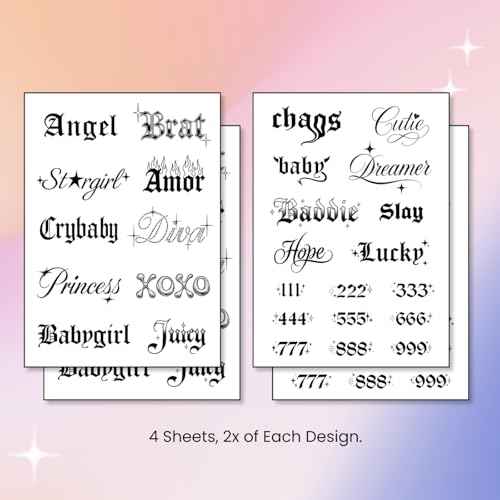Sassy Script Temporary Tattoos | Y2K Gothic Words and Angel Numbers | Realistic Waterproof Fake Tats | Angel, Brat, Princess, Babygirl, Diva