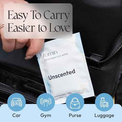 FOMIN Travel Deodorant Wipes - 50 Count - Unscented - pH Balanced, Hypoallergenic Mini Deodorant For Women and Men - Plastic-Free, Individually Wrapped Underarm & Body Wipes