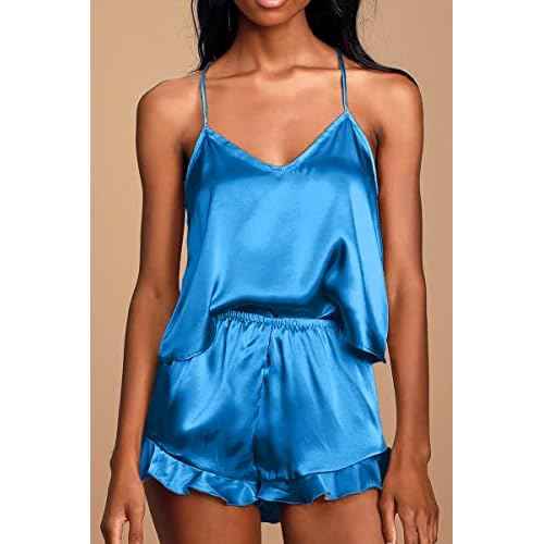 CHYRII Women's Sexy Silk Satin Ruffled Pajamas Sets Cami Shorts Sets Sleepwear