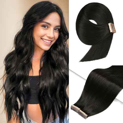 Tape in Hair Extensions Human Hair, Natural Black 40pcs 20 Inch 100% Remy Human Hair Women Straight Seamless Invisible Tape in Hair Extensions (1B#, 20 Inch, 40pcs)