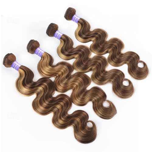 Perstar 4/27 Human Hair Bundles Honey Blonde Body Wave Bundles Human Hair Highlight Brazilian Virgin Hair 14 16 18 20 Inches 100% Unprocessed Human Hair Weft Ombre Piano Color