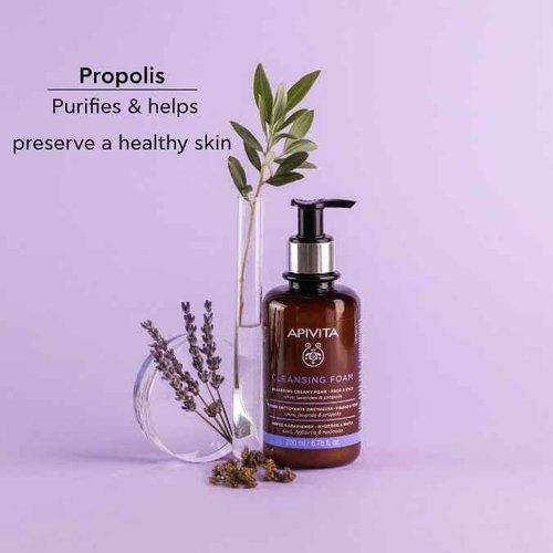 Apivita Cleansing Foam | Hydrating & Soothing Cleansing Creamy Foam for Face & Eyes with Olive, Lavender & Propolis, 200 mL / 6.67 oz