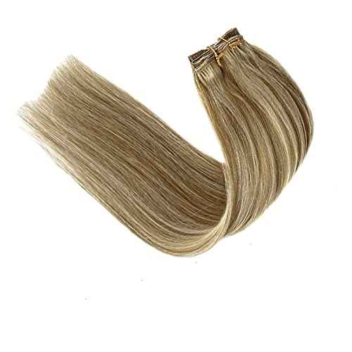 Blonde Clip in Human Hair Extensions Real Remy Natural Hair 20Inch Light Blonde Highlighted Golden Blonde Balayage Clip for Hair Extensions 7 Pieces 70G
