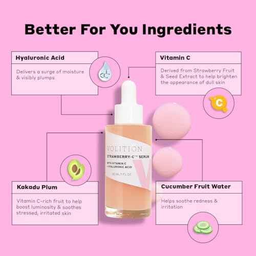 Volition Beauty Strawberry-C Brightening Serum with Vitamin C + Hyaluronic Acid | Soothes, Reduces Excess Oil, Improves Skin Luminosity & Smooths the Look of Wrinkles | Vegan