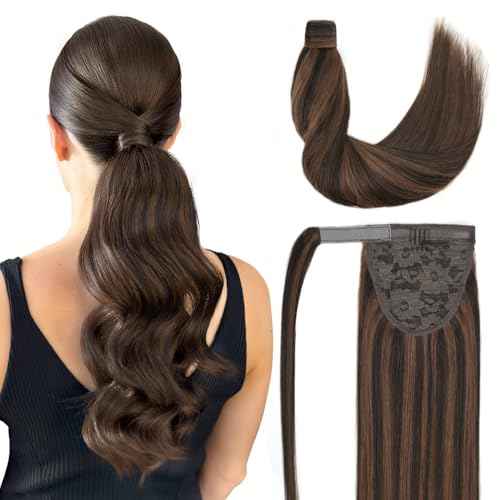 Ponytail Extension Human Hair 20 Inch Dark Brown to Chestnut Brown Silky Straight Clip in Hair Extensions Wrap Around Ponytail Hair Piece for Girls(20 Inch Dark Brown to Chestnut Brown #2P6 95G)