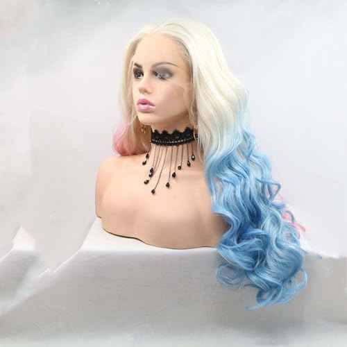 Xiweiya Wig 60# Platinum Blonde Ombre Blue Mixed Pink Lace Front Wig Long Body Wavy 3 Tones Synthetic Lace Front Wig Heat Resistant Fiber Wig for Woman Halloween Harley Quinn Cosplay 24inch
