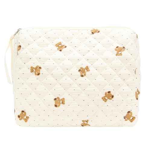 PAZIMIIK Quilted Makeup Bag Large Travel Zipper Soft Cosmetic Pouch for Women Girls Make Up,Gauze Bear