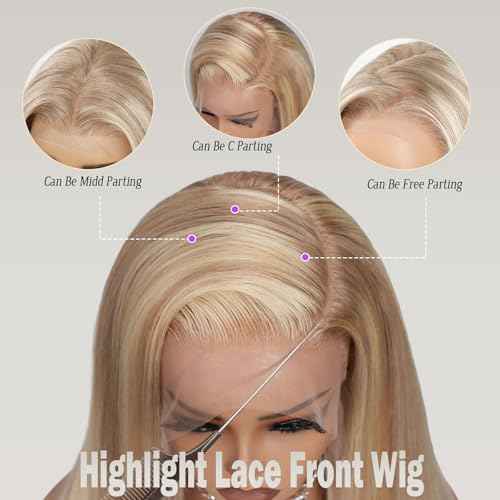 Ombre Ash Blonde Lace Front Human Hair Wigs for Women,Pre Plucked13x6 HD Ombre Highlight Light Brown and Ash Blonde Straight Lace Wig Bleach Knots with Baby Hair 24 Inch Wear and Go Remy Wig