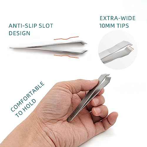 Beard & Hair Plucking Tweezers, Fine Eyebrow Tool, Stainless Steel, 10mm Tip, Anti-Slip Slot Design, Cyan PU Case