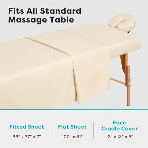 Comfyanno Massage Table Sheets Sets, 3 Pcs Professional Microfiber Massage Bed Cover Sheets, Soft, Light-Weight, Stain & Wrinkle Resistant, Includes Flat & Fitted Sheet, Face Cradle Cover - Natural