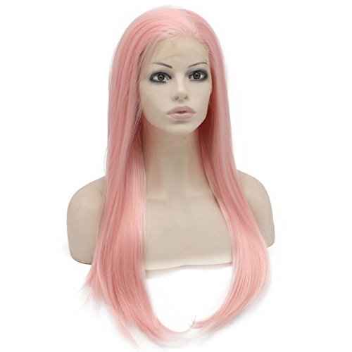 MX angel Long Straight Synthetic Lace Front Half Hand Tied Wigs Cosplay Party (Pink)