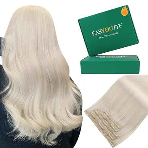 Easyouth Clip in Human Hair Extensions Blonde Remy Human Hair Clip in Extensions White Blonde Clips on Human Hair Extension for Women 20 Inch 80G 5Pcs