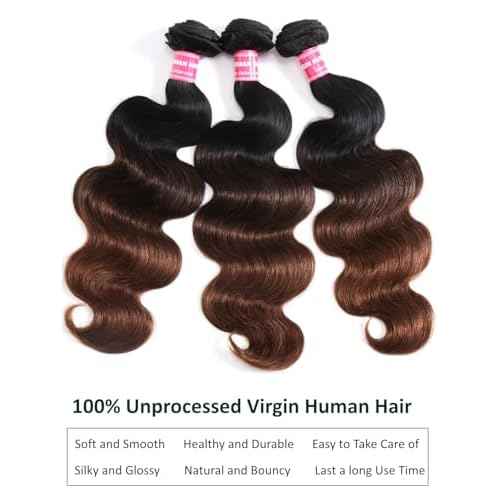 KLAIYI Ombre Brown Body Wave Bundles Human Hair Extensions with Dark Roots 100% Unprocessed Brazilian Real Virgin Hair Weaves Chestnut Brown Double Wefts 12A Wavy One Bundle 24Inch Sew in Piano Color