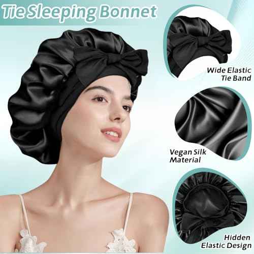 Silk Bonnet for Sleeping Women, Ajustable Hair Bonnet for Curly Hair with Tie Band Shower Caps Black£¬Large
