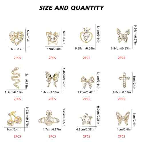24PCS Nail Charms Y2k Alloy Nail Art Rhinestone Charms 3D Heart Bow Butterfly Charm with Rhinestones Cherry Nail Gems Shiny Jewelry Nail Decorations Accessories Supplies (SG)