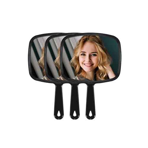 Hand Mirror, Barber Hairdressing Handheld Mirror with Handle for Salon, Square, Black, Medium,Pack of 3