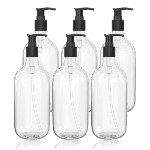 10 Ounce Clear Plastic Pump Bottle Dispenser, Refillable Empty Bottle Container with Pump for Essential Oil Soap Lotion Shampoo, 6 Pcs
