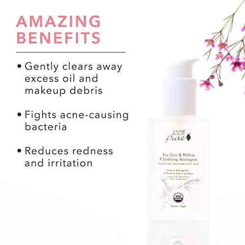 100% PURE Tea Tree & Willow Clarifying Astringent, Natural Acne Treatment, Alcohol Free, Hydrating Toner - 4 Fl Oz