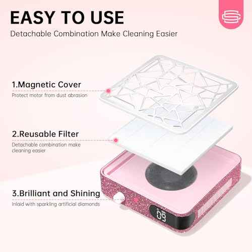 Nail Dust Collector, Powerful Vacuum Fan Vent Dust Collector Extractor Dust Suction Machine for Acrylic Nails Polishing, Nail Salon&Home, Pink Diamond