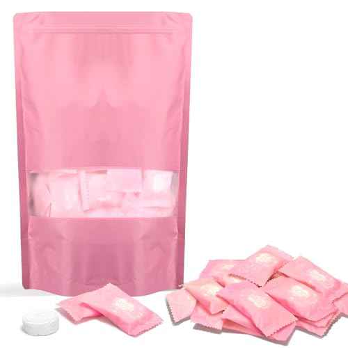 Classycoo Compressed Towel 100 PCS Mini Tablets Disposable Portable Face Towel Cotton Coin Tissue for Travel, Camping, Hiking, Sport,Beauty,Home Hand Wipes, Outdoor Activities (Rose Pink, Thick)
