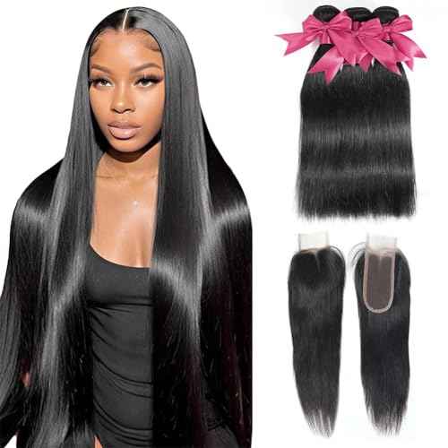 12A Straight Bundles with 2x6 Closure Human Hair 16 18 20 with 14 Inch 100% Unprocessed Brazilian Virgin Human Hair Weave Bundles with 2x6 HD Lace Closure
