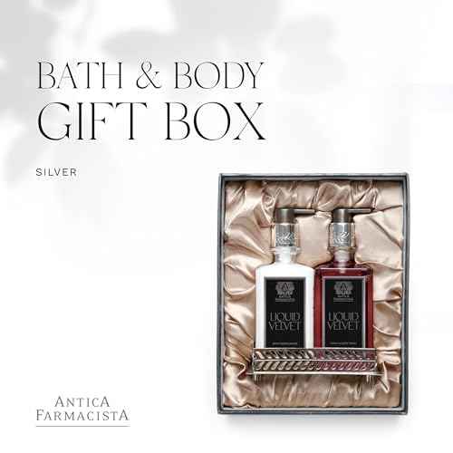 Antica Farmacista Nickel Bath & Body Gift Set - Hand & Body Wash (10 oz), Body Moisturizer (10 oz) & Nickel-Plated Tray - Self-Care Gift Box for Holidays & Housewarming - Liquid Velvet