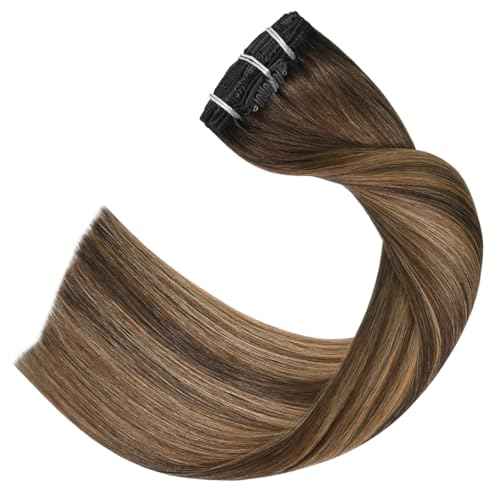 Balayage Hair Extensions Real Human Hair, Ombre Medium Brown Fading to Caramel Blonde 18 inches 120g Highlights 100% Human Hair Natural Straight Woman Beauty Clip ins #4/27/4