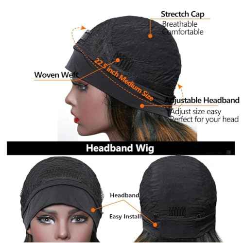 YIROO Headband Human Hair Wig Ombre Brown Yaki Straight Glueless Put on and Go Wigs with Dark Roots Drawstring Chestnut Brown 12A Highlight No Lace No Glue 30S Ready to Wear Headband Wigs 18Inch