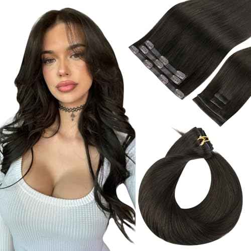 HOTBANANA Invisi Edge Clip in Hair Extensions, 16inch 110g 4Pcs Injected Seamless and 3Pcs PU Clip Ins Human Hair Extensions Balayage Chocolate Brown with Honey Blonde
