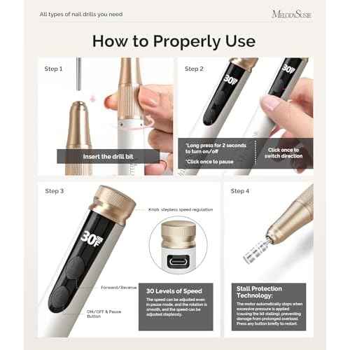 MelodySusie Pen-Shaped Cordless Nail Drill with Adjustable Stepless Speed,SM180F 30000RPM Portable Rechargeable E-File with LED Display for All Manicure Shaping & Acrylic Gel Removal for Pro at Home