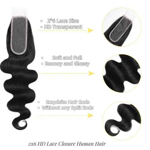 2x6 HD Lace Closure Body Wave Human Hair Transparent 2 by 6 HD Lace Closure 22Inch 100% Brazilian Virgin Unprocessed Middle Part Human Hair Kim K Closure With Baby Hair Natural Color