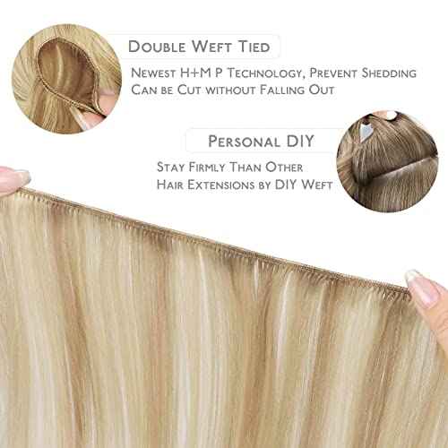 WENNALIFE Sew in Hair Extensions Real Human Hair, 22 Inch 110g Light Blonde Highlighted Golden Blonde Machine Weft Remy Hair Hand Tied Weft Straight Extensiones De Cabello Hmano
