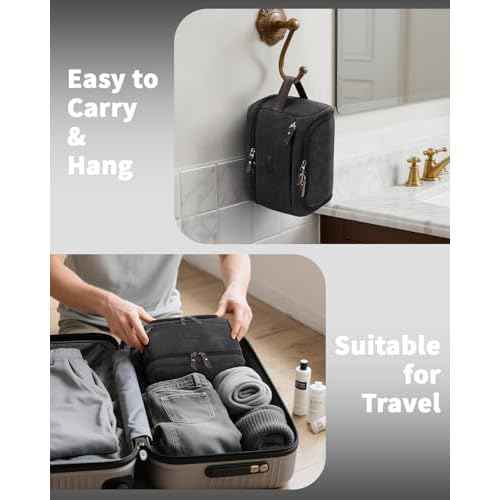 ZOMFELT Toiletry Bag for Men, Dual Layers Canvas Travel Toiletries Bag, Water-Resistant Travel Organizer with Elastic, Large Capacity Dopp Kit, Hanging Shaving Hygiene Bag, Black
