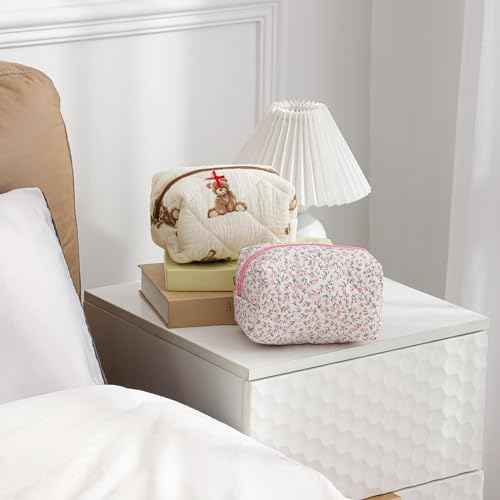Cute Small Floral Cotton Makeup Bag, Quilted Zipper Pouch with Coquette Bear for Women and Girls, Kawaii Travel Cosmetic Bags for Purse(01Little Bear)