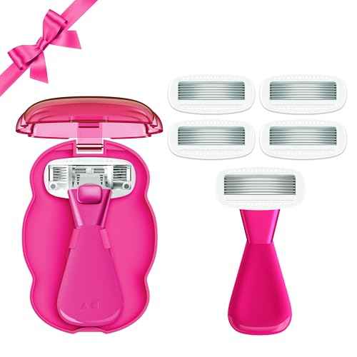 Athena Club Women's Mini Travel Razor Shave Kit, 1 Mini Travel Razor Handle + 5 Blade Refills, Super Pink