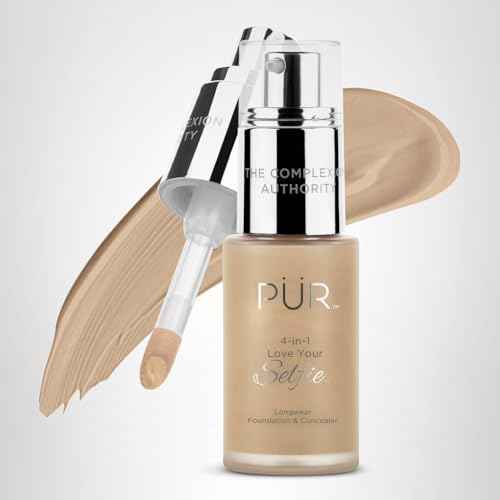 PÜR MINERALS 4-in-1 Love Your Selfie Longwear Foundation & Concealer, Full Coverage Liquid Foundation, Hydrating Formula, Cruelty Free