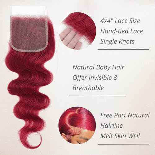 Red Burgundy Human Hair Bundles with Closure Body Wave, 3 Bundles with 4x4 Closure HD Transparent Lace with Baby Hair Free Part Cherry Red 99J Color Quick Weave Hair Extensions 12 14 16 +12 In