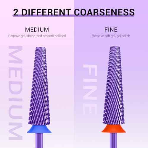MelodySusie Super Long 5 in 1 Nail Drill Bits, 3/32'' Carbide Tungsten Bits, Suitable for Manicure Pedicure Cuticle Gel Polishing, Professional Advanced Bits, Purple, Series Bit-X, Fine