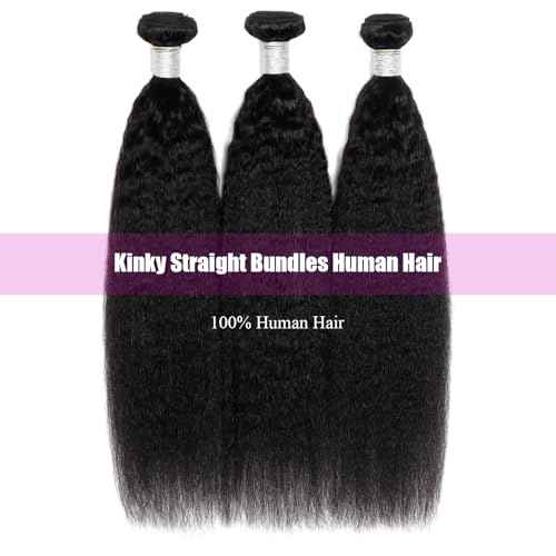 Kinky Straight Human Hair Bundles Yaki straight 3 Bundles Human Hair For Black Women Natural Black 14 16 18 Inch Kinky Straight Bundles