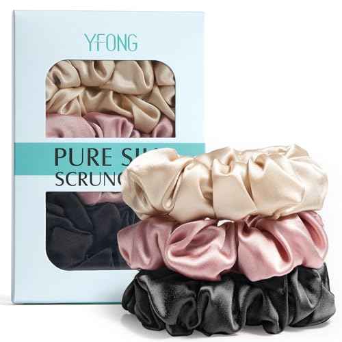 YFONG 3 PCS 100% Mulberry Silk Scrunchies for Women Girls, 22 Momme Soft Hair Ties for Frizz & Breakage Prevention, Elastic Ponytail Holders Gentle And No hurt, (Pink+Black+Champagne)